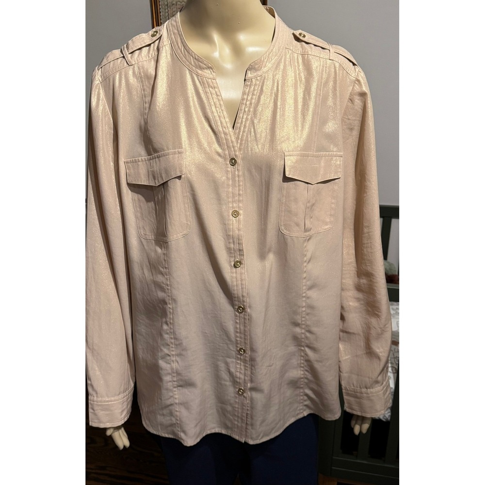 Chico's Champagne Metallic Shimmer Button Down Blouse‎ Top Size 3 XL Beige Gold